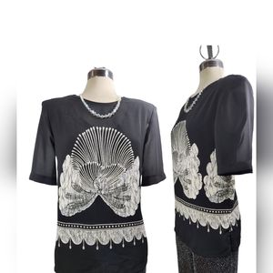 Bianca nygard black printed blouse shoulder padded size 8